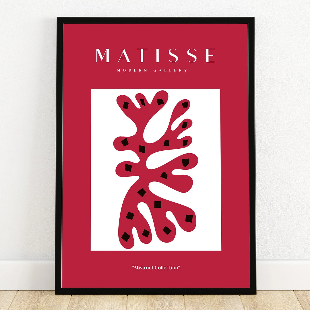Abstract red and black Matisse-inspired wall art print with black frame, modern home decor