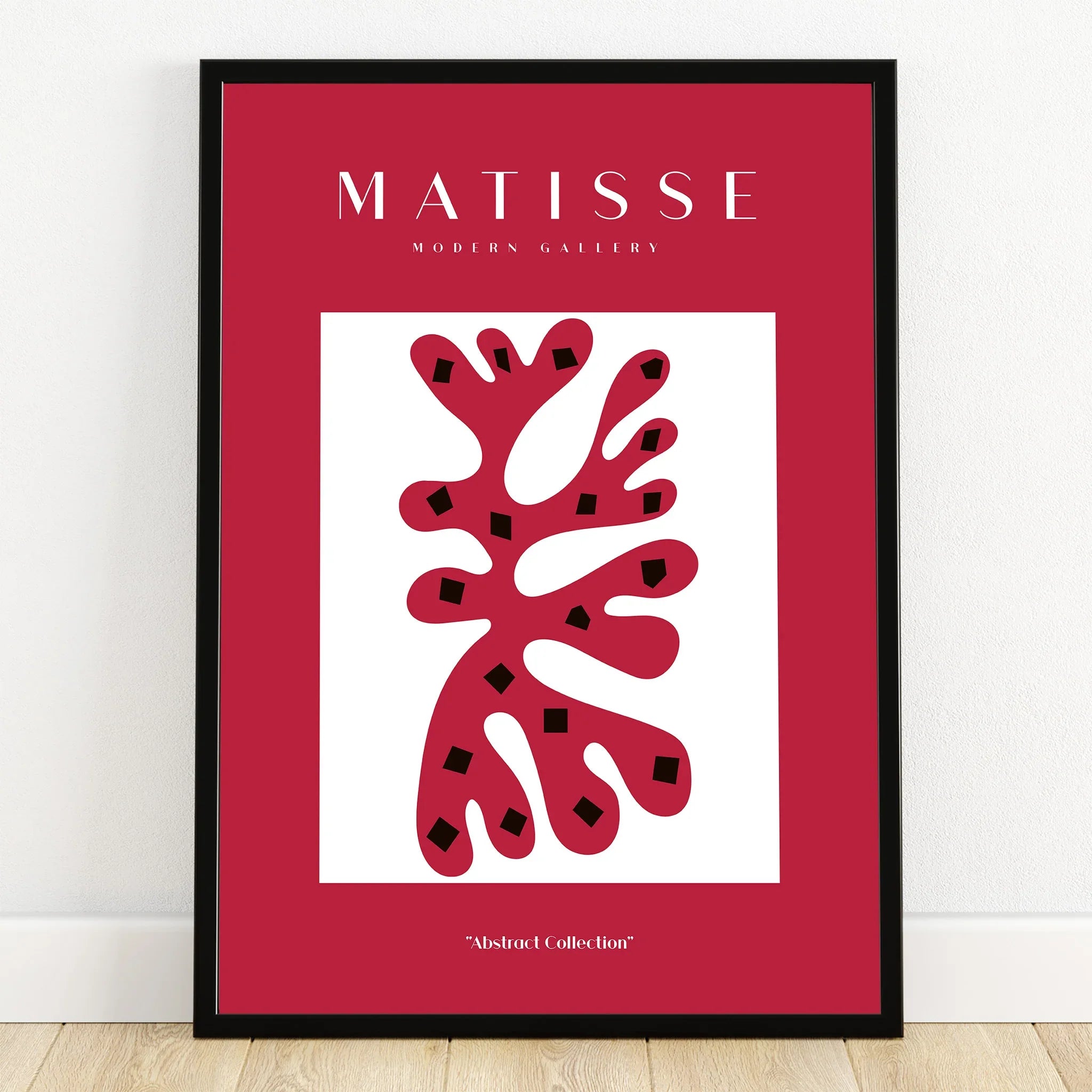 Abstract red and black Matisse-inspired wall art print with black frame, modern home decor