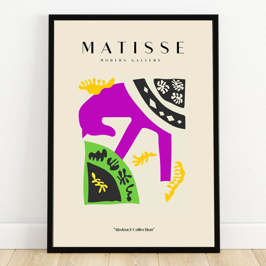 Abstract Matisse-style wall art print with vibrant shapes in black frame, modern home decor