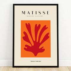 Framed Matisse abstract art print with bold red cut-out on orange background