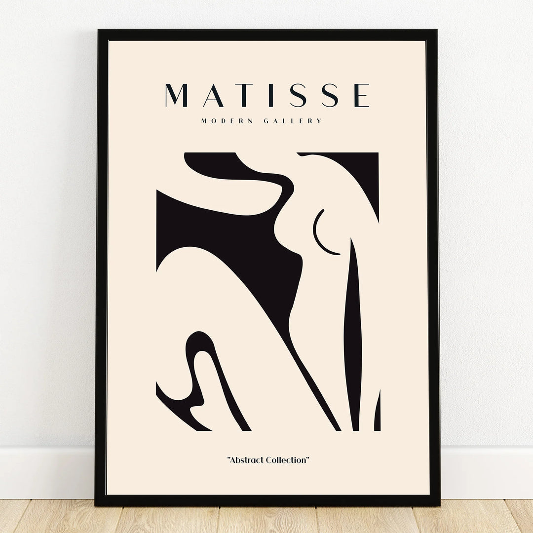Framed abstract wall art print with minimalist black and beige nude figure, modern decor