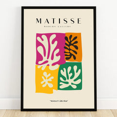 Modern gallery wall art poster with abstract colorful blocks and leaf shapes in black frame