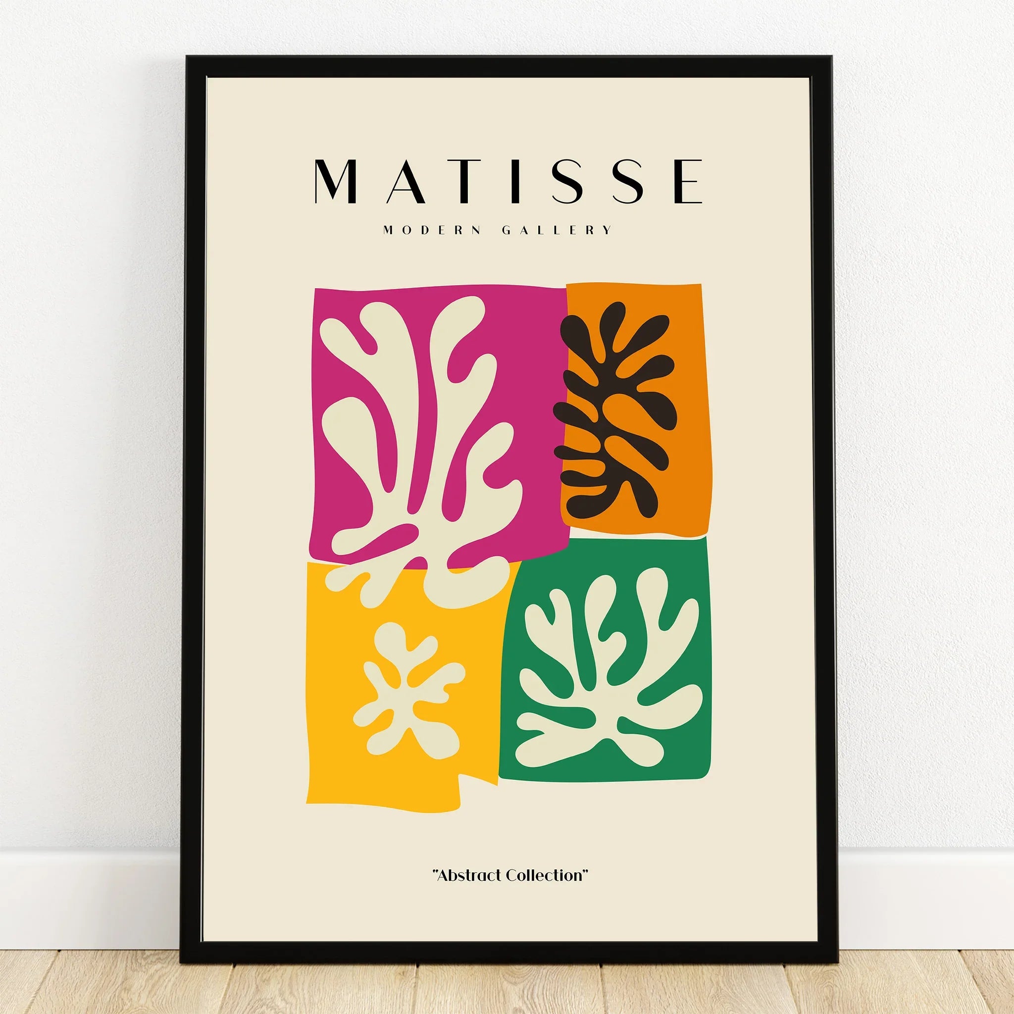 Modern gallery wall art poster with abstract colorful blocks and leaf shapes in black frame