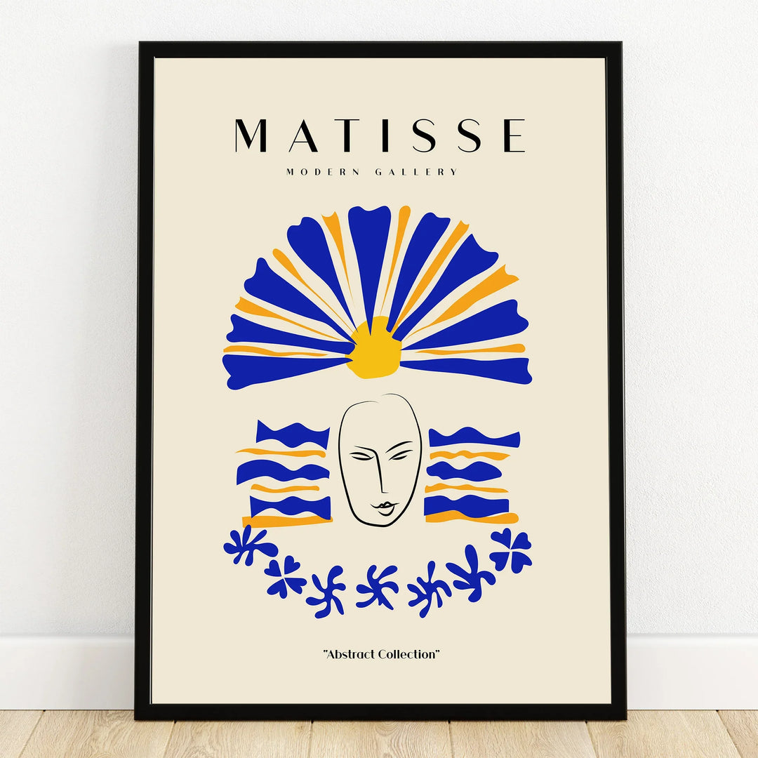 Modern abstract art print with blue and yellow shapes, minimalist face, in black frame