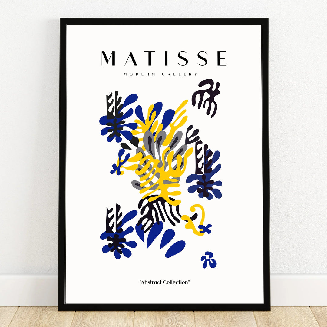 Abstract Matisse-inspired wall art print with blue, yellow, and black shapes in black frame
