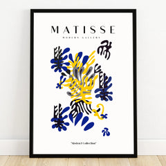 Abstract Matisse-inspired wall art print with blue, yellow, and black shapes in black frame