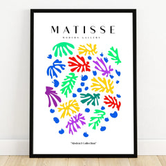 Colorful Matisse-inspired abstract art print with bold shapes, black frame, wall decor