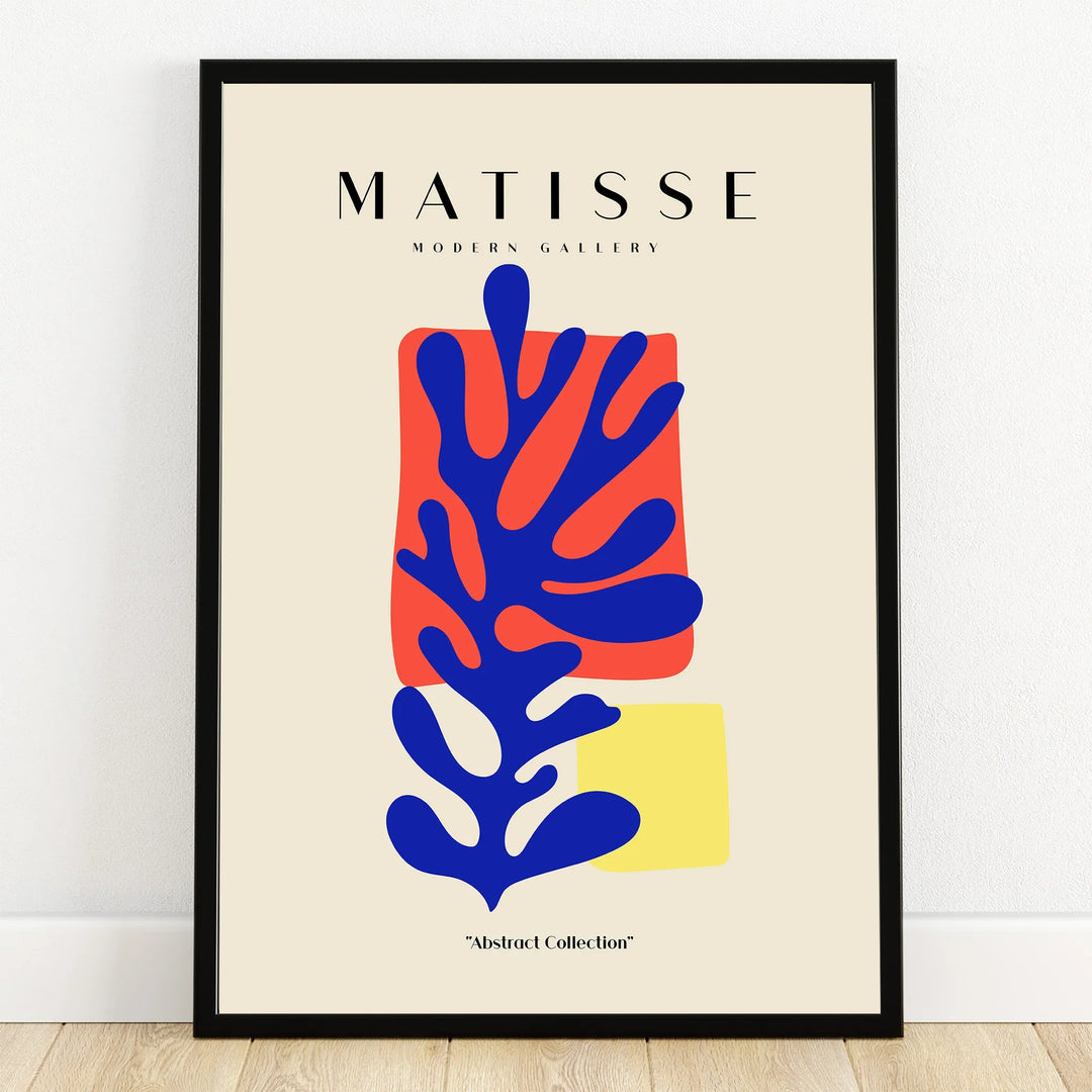 Abstract Matisse-inspired wall art print with red, blue, and yellow shapes in black frame