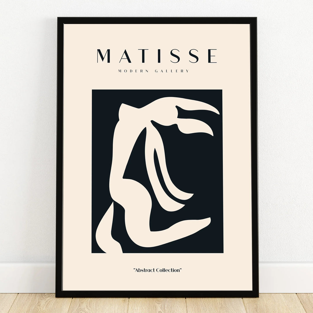 Abstract Matisse-inspired wall art print with bold black and white shapes in black frame