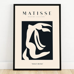 Abstract Matisse-inspired wall art print with bold black and white shapes in black frame