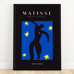 Framed abstract Matisse-style wall art with black silhouette, blue background, yellow stars