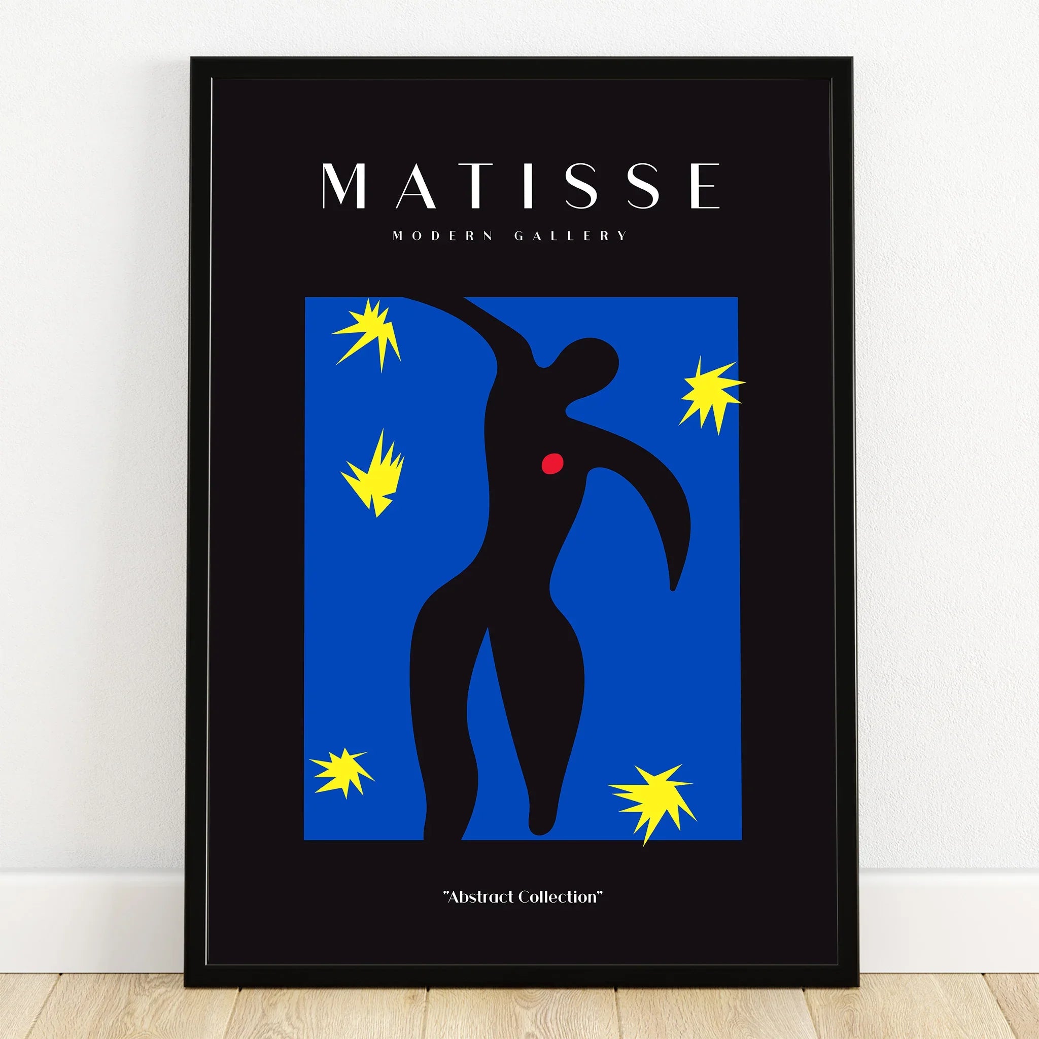 Framed abstract Matisse-style wall art with black silhouette, blue background, yellow stars