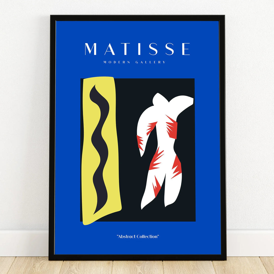 Framed modern abstract wall art print with blue border, wavy yellow shape, and white figure