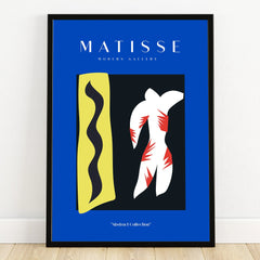Framed modern abstract wall art print with blue border, wavy yellow shape, and white figure