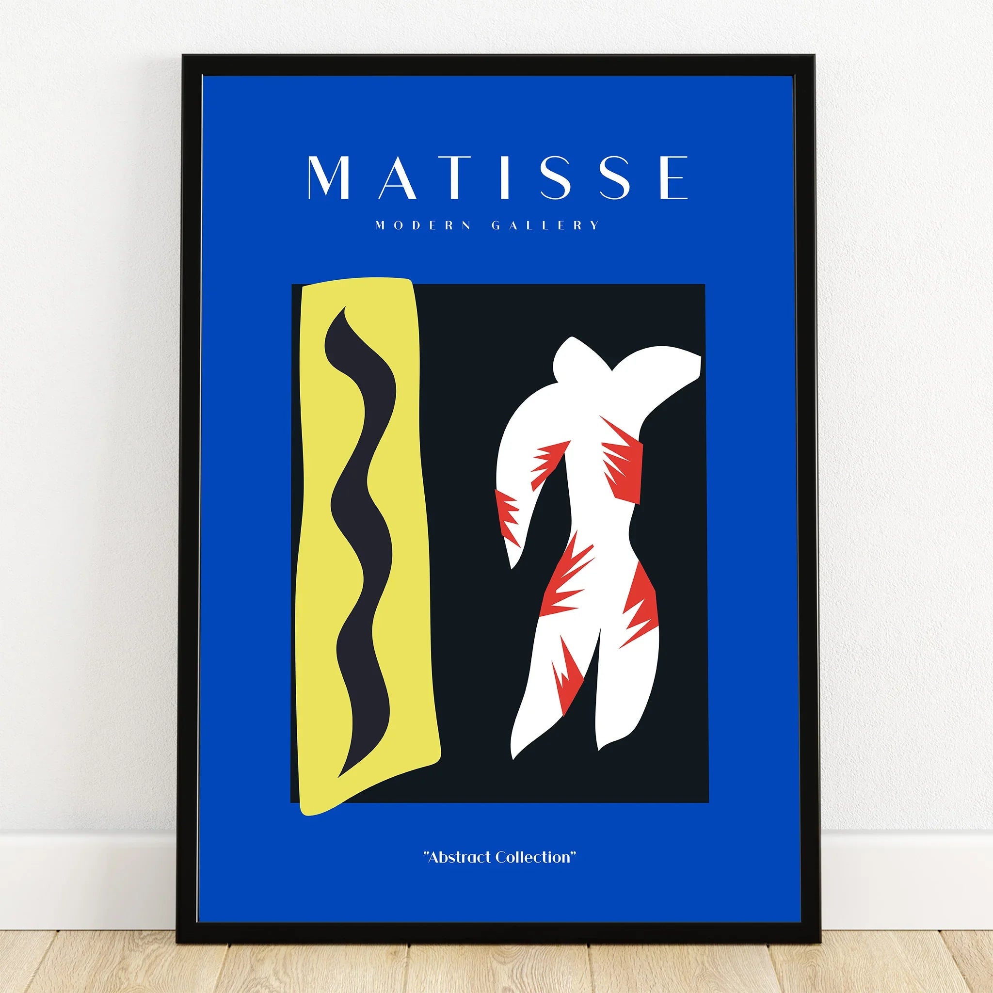 Framed modern abstract wall art print with blue border, wavy yellow shape, and white figure