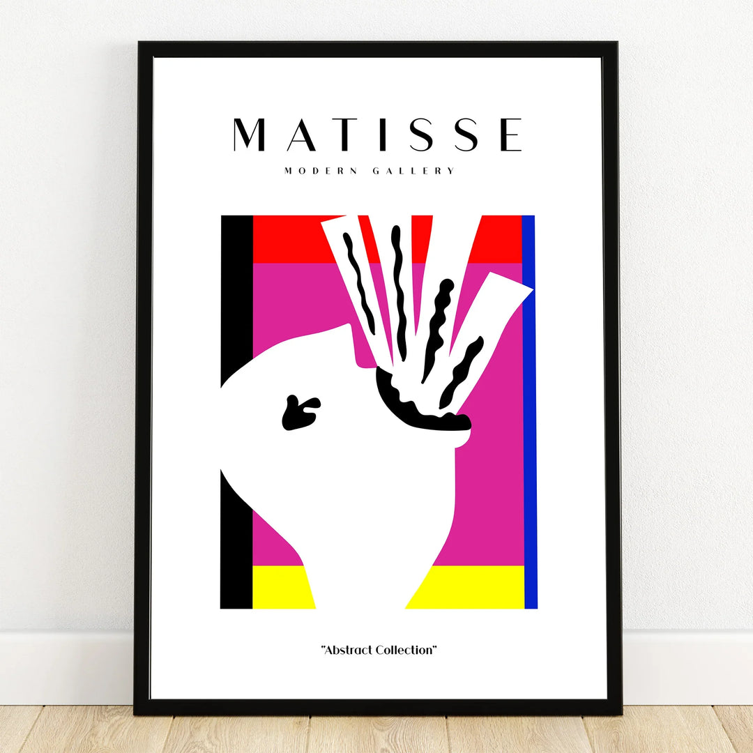 Framed modern abstract Matisse art print with bold colors and minimalist shapes.