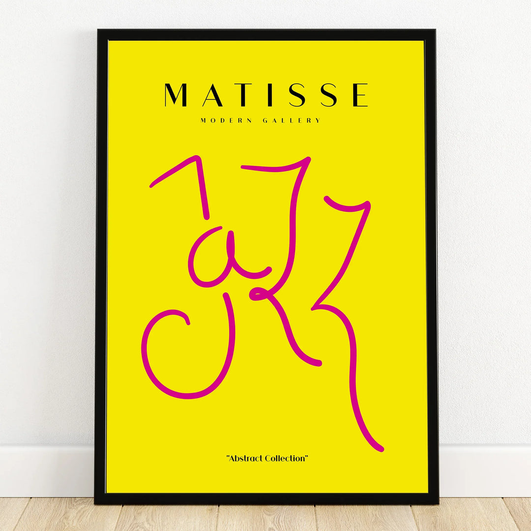 Abstract wall art print with yellow background, pink line art, and modern black frame