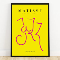 Abstract wall art print with yellow background, pink line art, and modern black frame