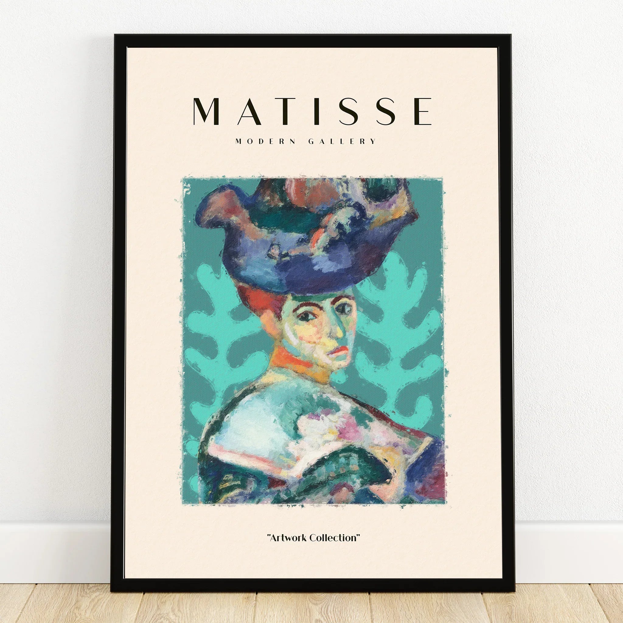 Framed Matisse-inspired art print with colorful abstract portrait on a modern gallery poster.