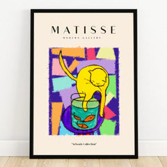 Colorful Matisse-inspired wall art of a yellow cat reaching into a fishbowl with goldfish