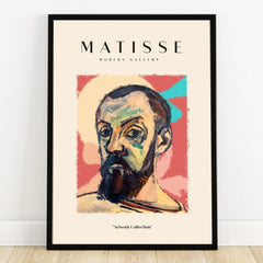 Framed modern art print of abstract male portrait with colorful background, Matisse style
