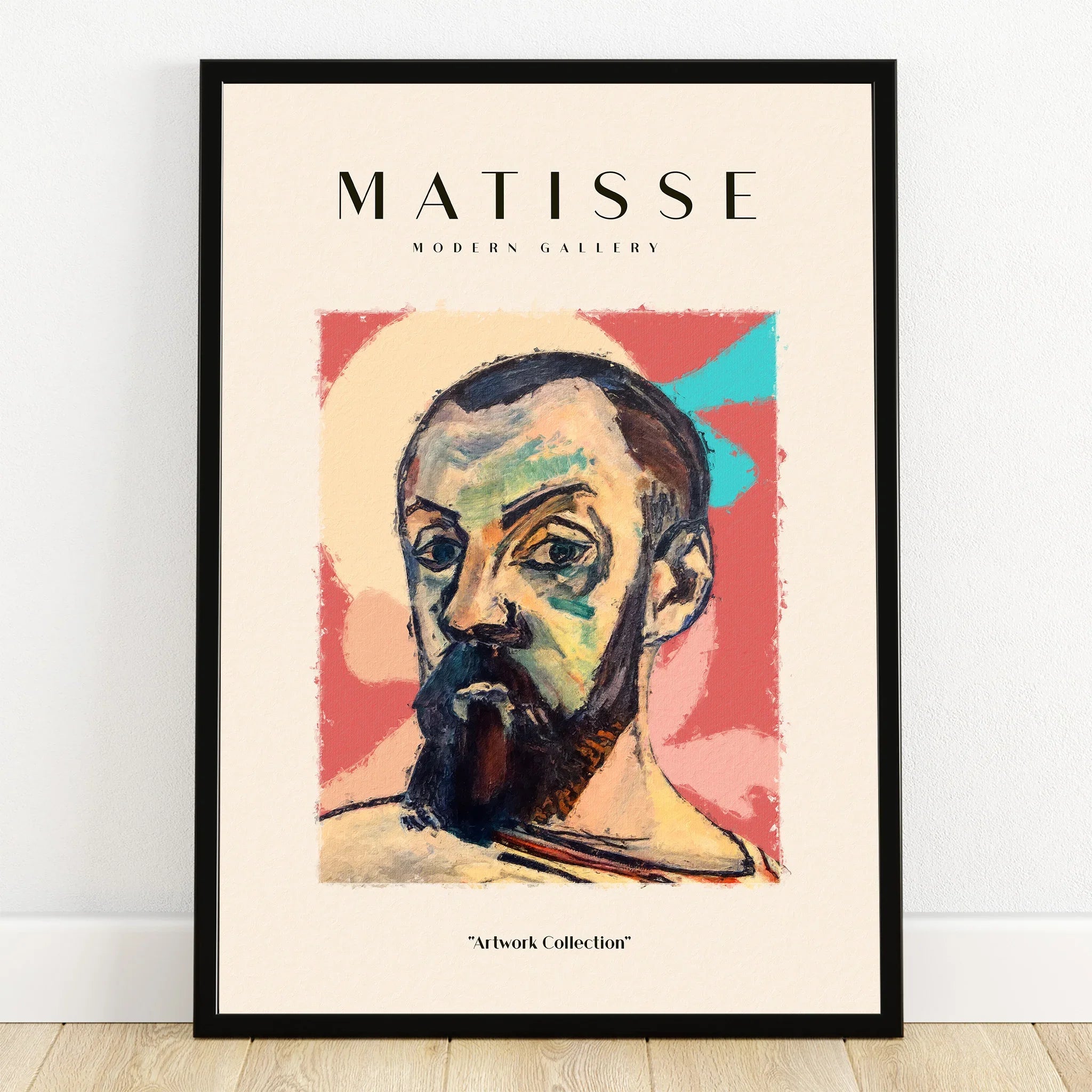 Framed modern art print of abstract male portrait with colorful background, Matisse style