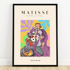 Framed modern art print of a woman in a purple dress with flowers and fruit, colorful background