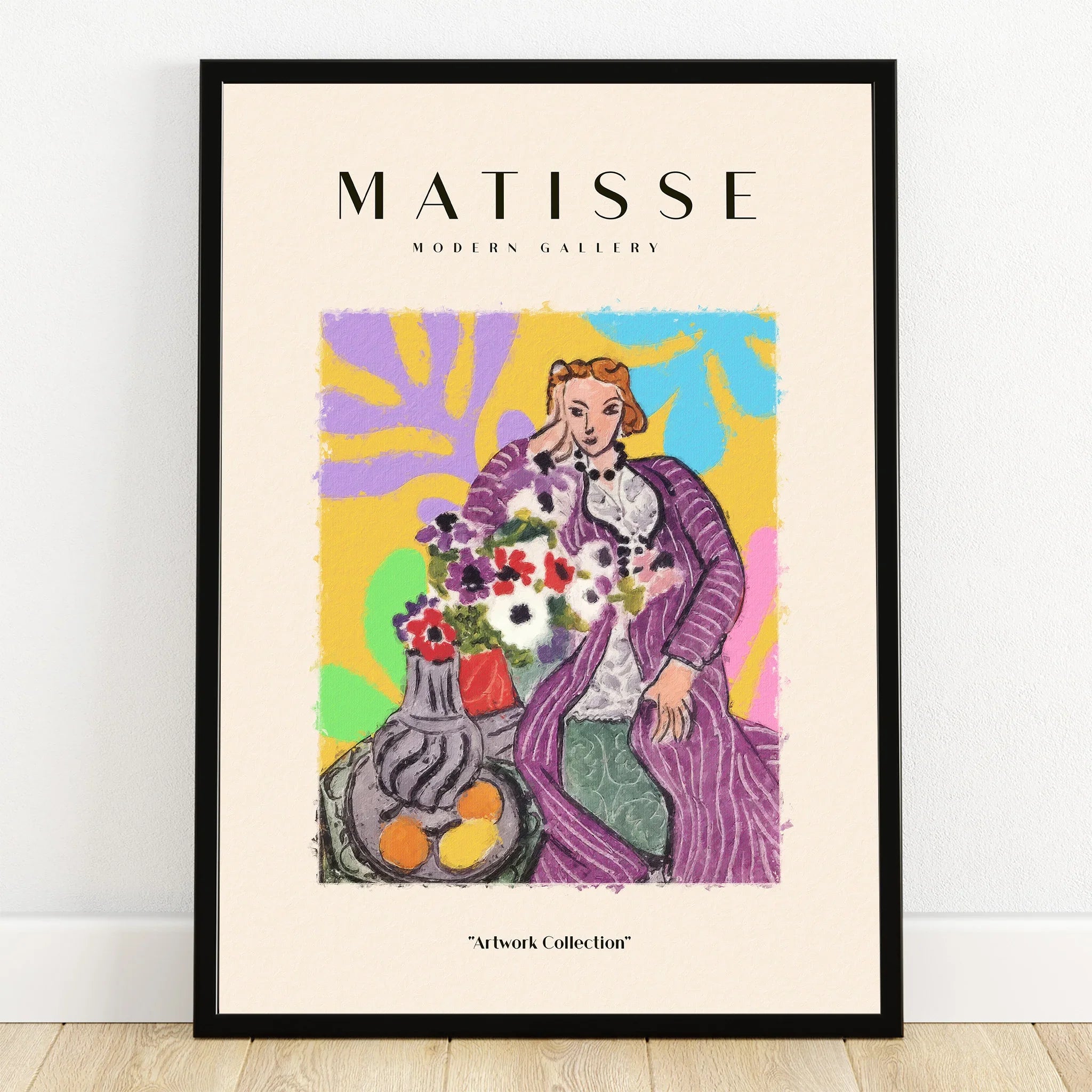 Framed modern art print of a woman in a purple dress with flowers and fruit, colorful background