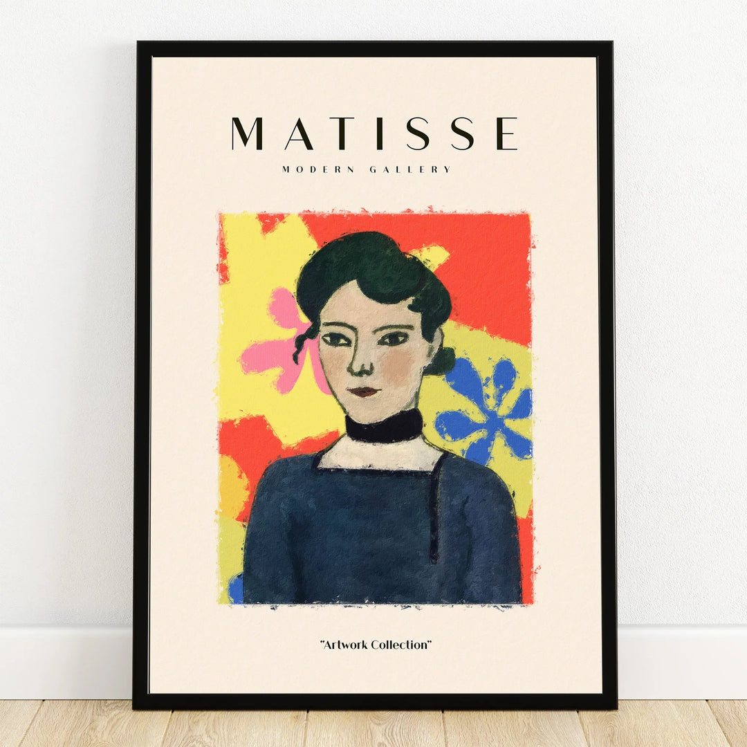 Framed modern art poster of a woman portrait with colorful abstract background, wall decor