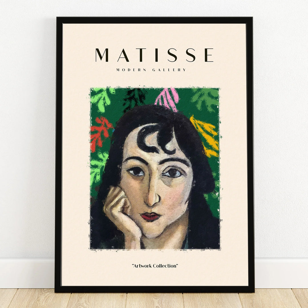 Matisse modern art print with portrait illustration, black frame, colorful leaf background