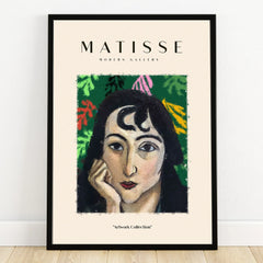 Matisse modern art print with portrait illustration, black frame, colorful leaf background