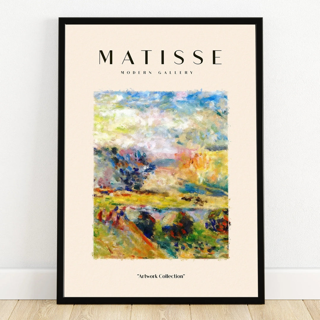 Colorful abstract landscape wall art print in black frame, inspired by Matisse, modern decor
