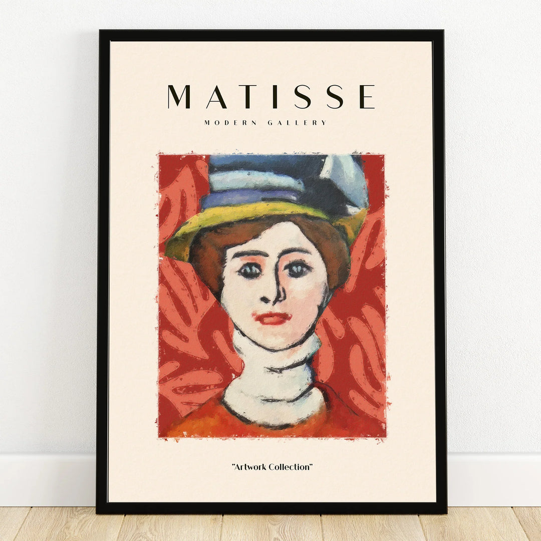 Framed Matisse-inspired wall art print featuring a colorful portrait with a red leafy background