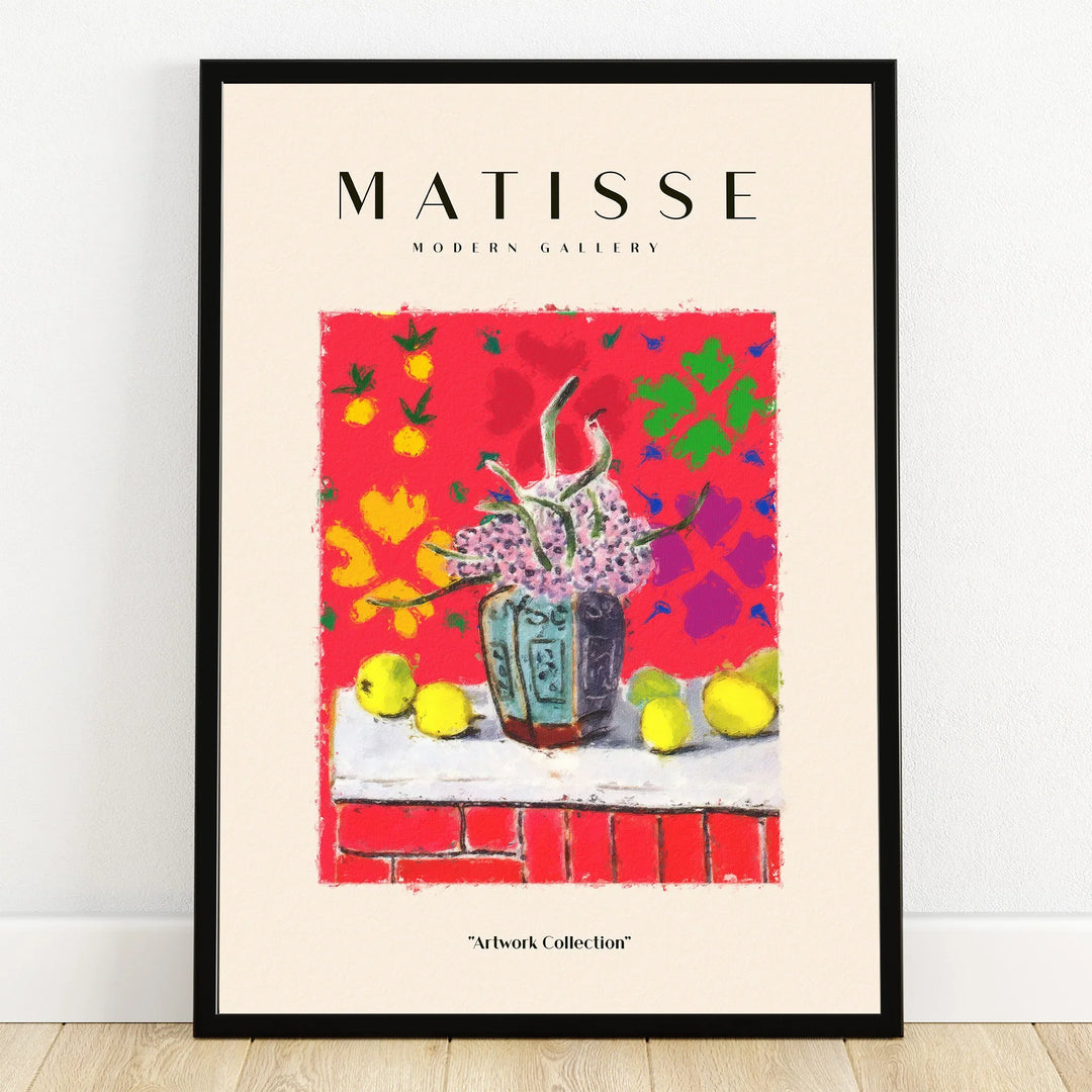 Framed Matisse-inspired modern art print with colorful vase and lemons on vibrant red background