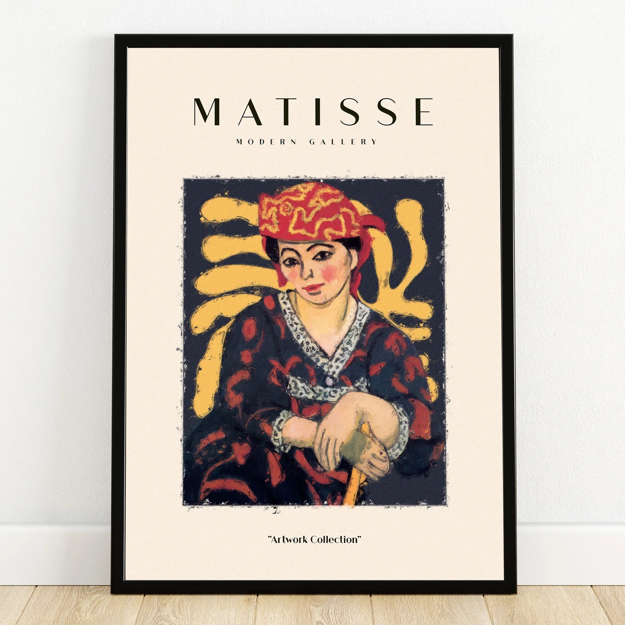Framed Matisse-inspired art print featuring a seated woman in vibrant clothing, wall art decor