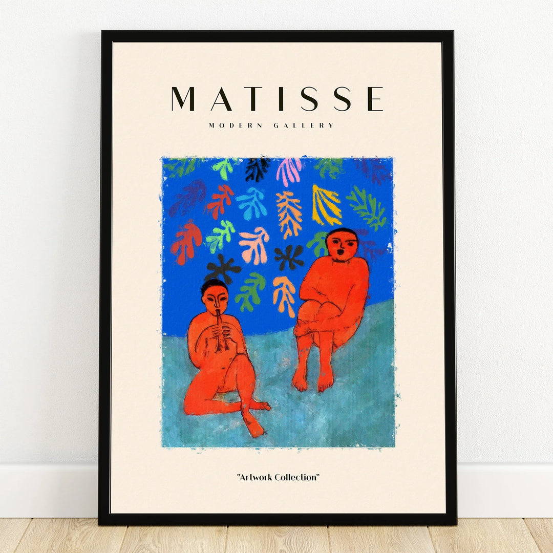 Framed Matisse modern art print with two abstract figures and colorful leaf patterns
