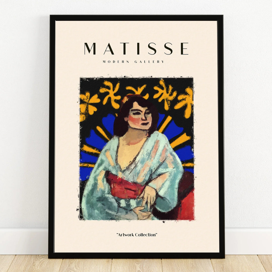 Framed Matisse-inspired wall art print with colorful abstract portrait and modern gallery text
