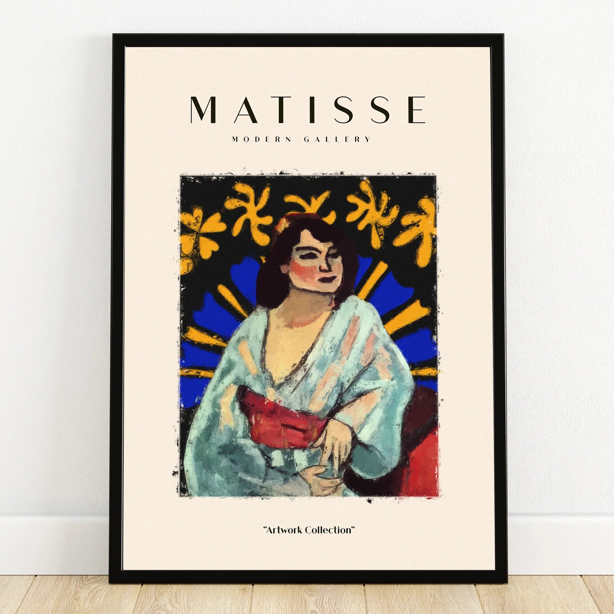 Framed Matisse-inspired wall art print with colorful abstract portrait and modern gallery text