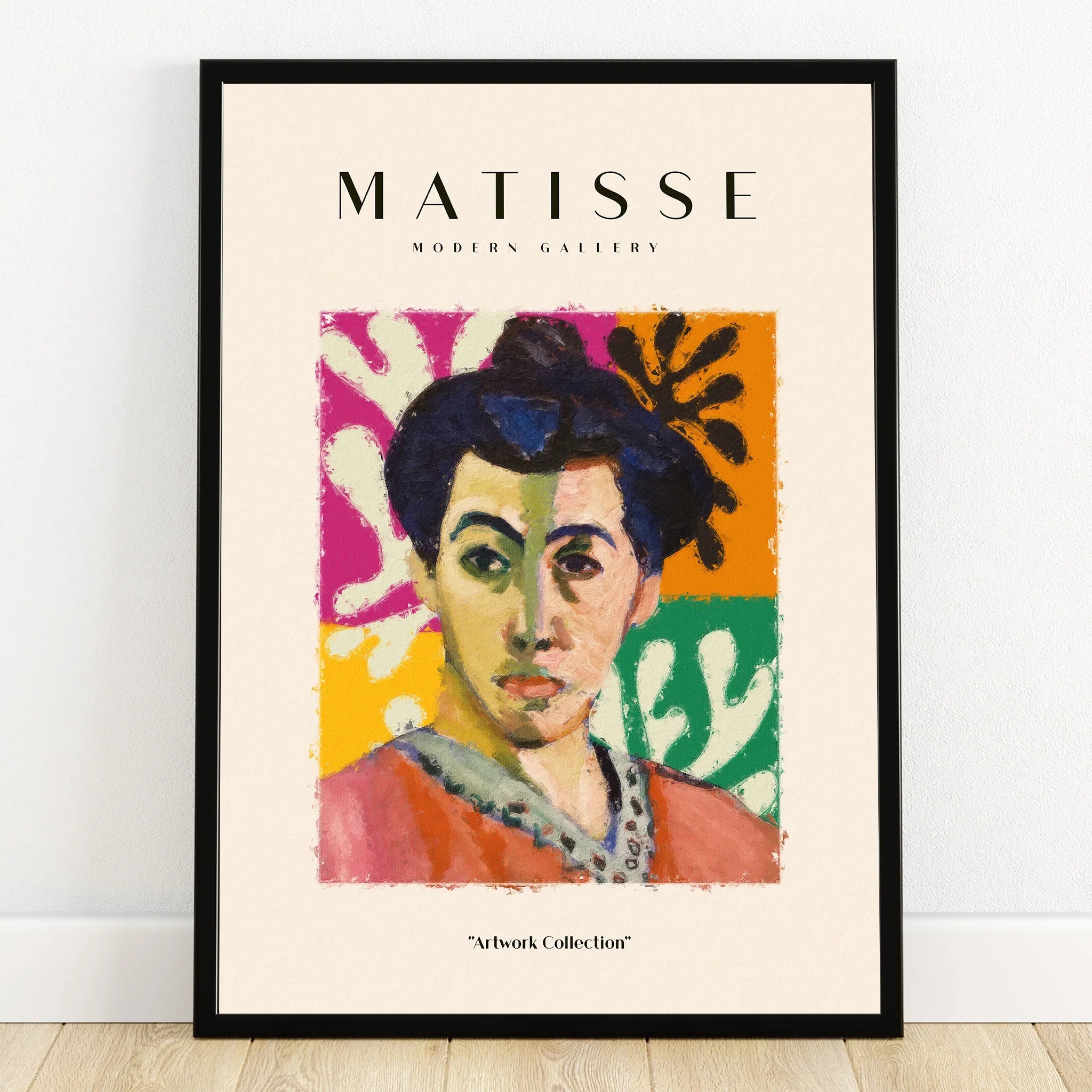 Colorful Matisse-inspired portrait wall art print with black frame, modern gallery decor