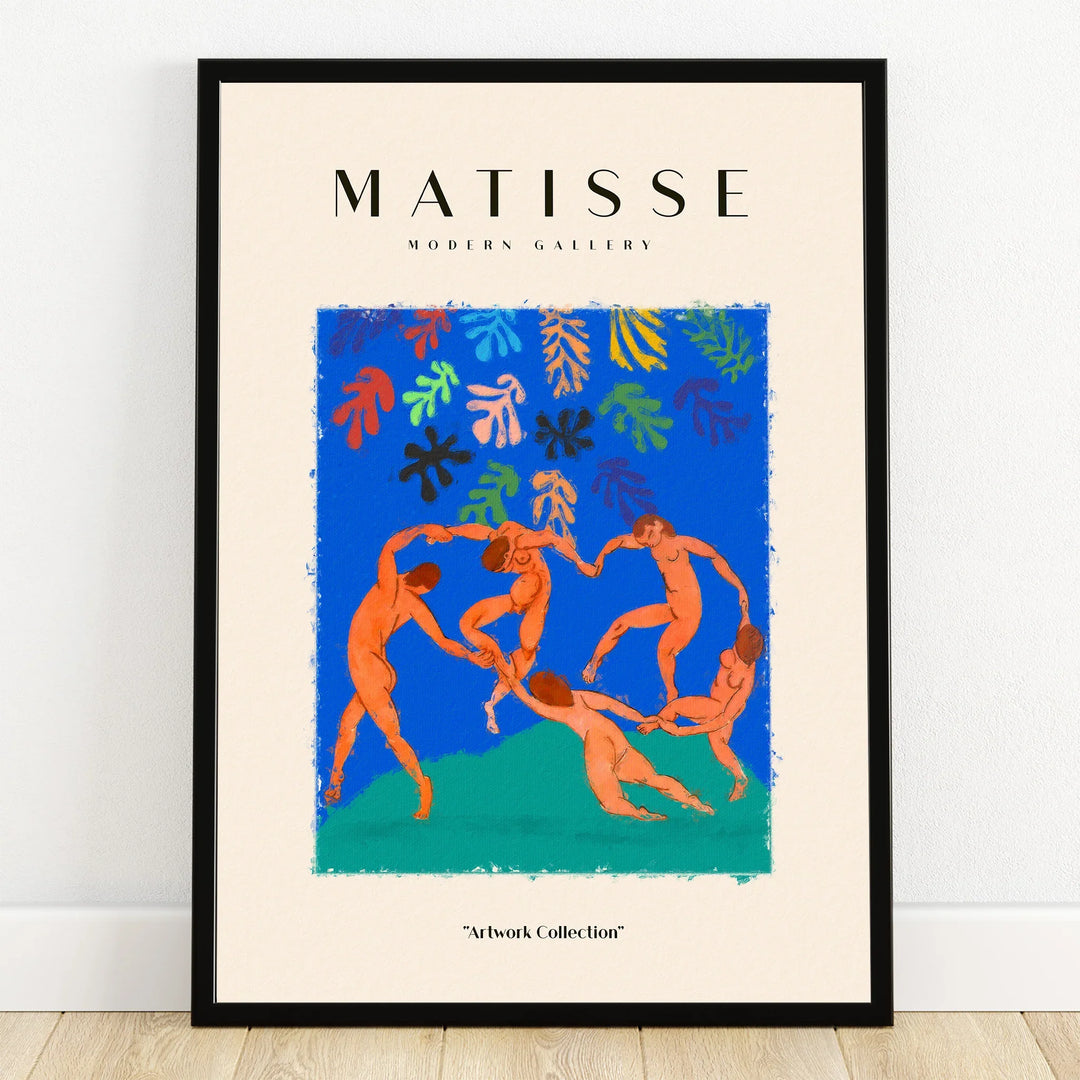 Modern art wall poster with abstract nude figures dancing on blue, black frame, home decor print
