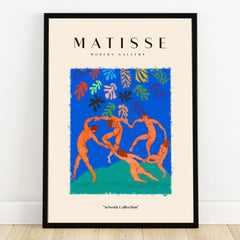 Modern art wall poster with abstract nude figures dancing on blue, black frame, home decor print