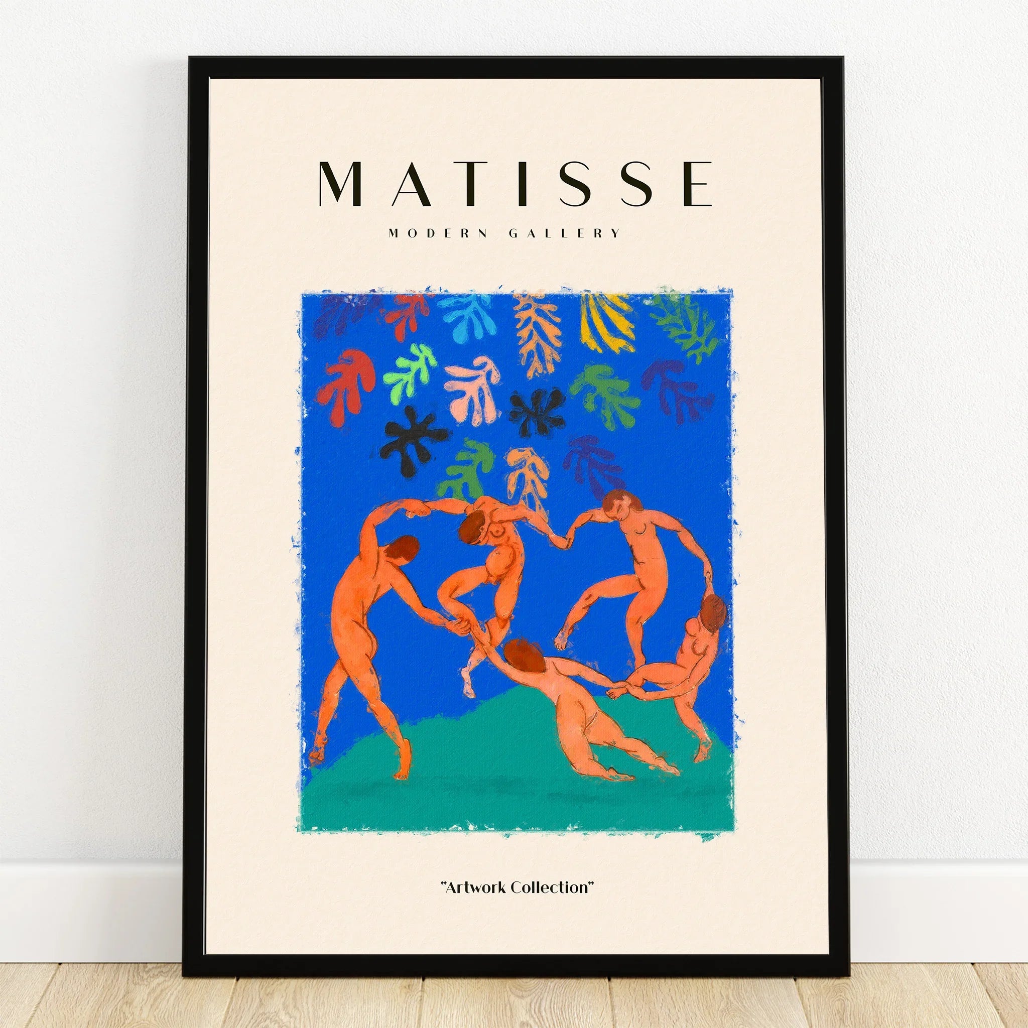 Modern art wall poster with abstract nude figures dancing on blue, black frame, home decor print