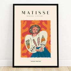 Framed Matisse art print featuring a woman in folk attire with bold colors and abstract background