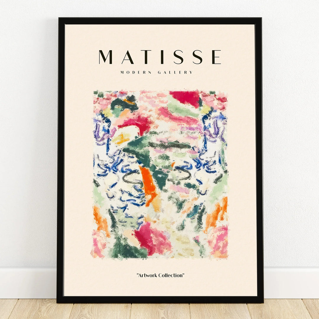 Framed abstract art print with colorful brushstrokes and modern gallery text, wall decor
