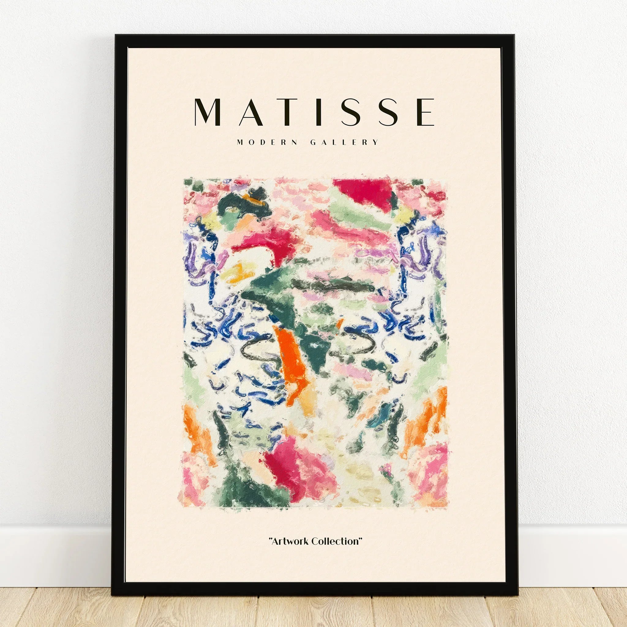 Framed abstract art print with colorful brushstrokes and modern gallery text, wall decor