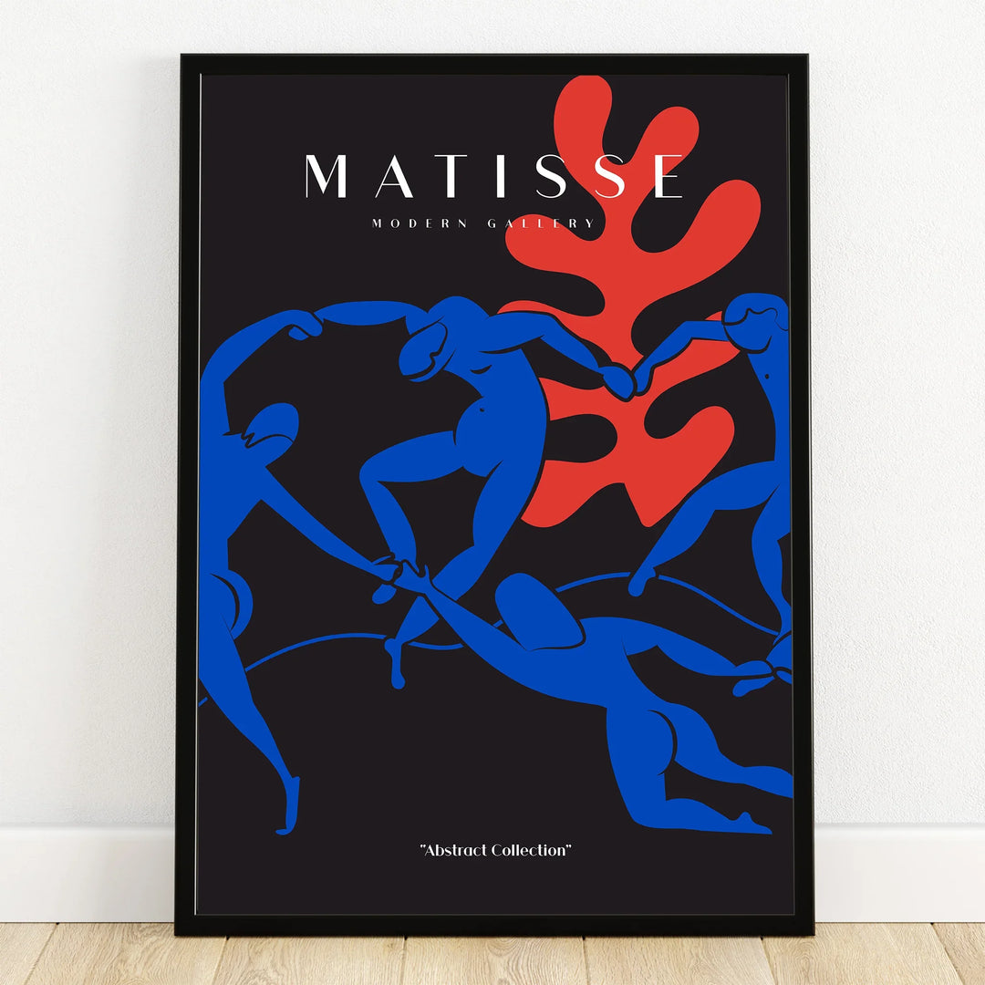Abstract blue dancers and red shape art print with black frame, modern wall decor