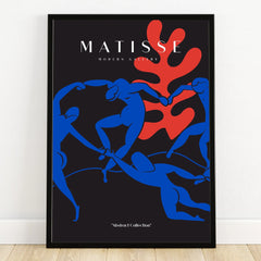 Abstract blue dancers and red shape art print with black frame, modern wall decor