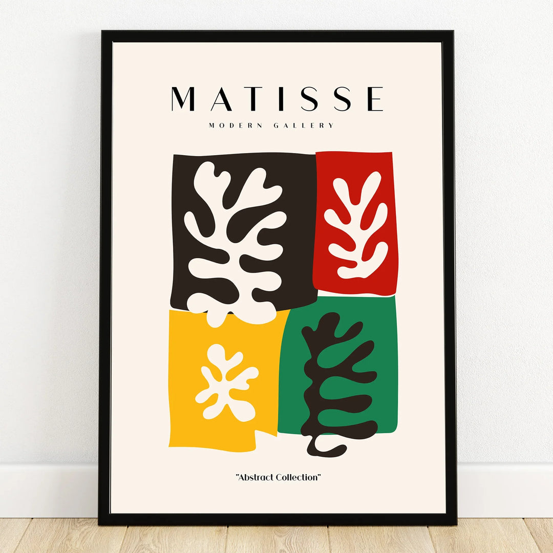 Matisse-inspired abstract wall art poster with bold colorful leaf shapes in black frame