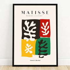 Matisse-inspired abstract wall art poster with bold colorful leaf shapes in black frame