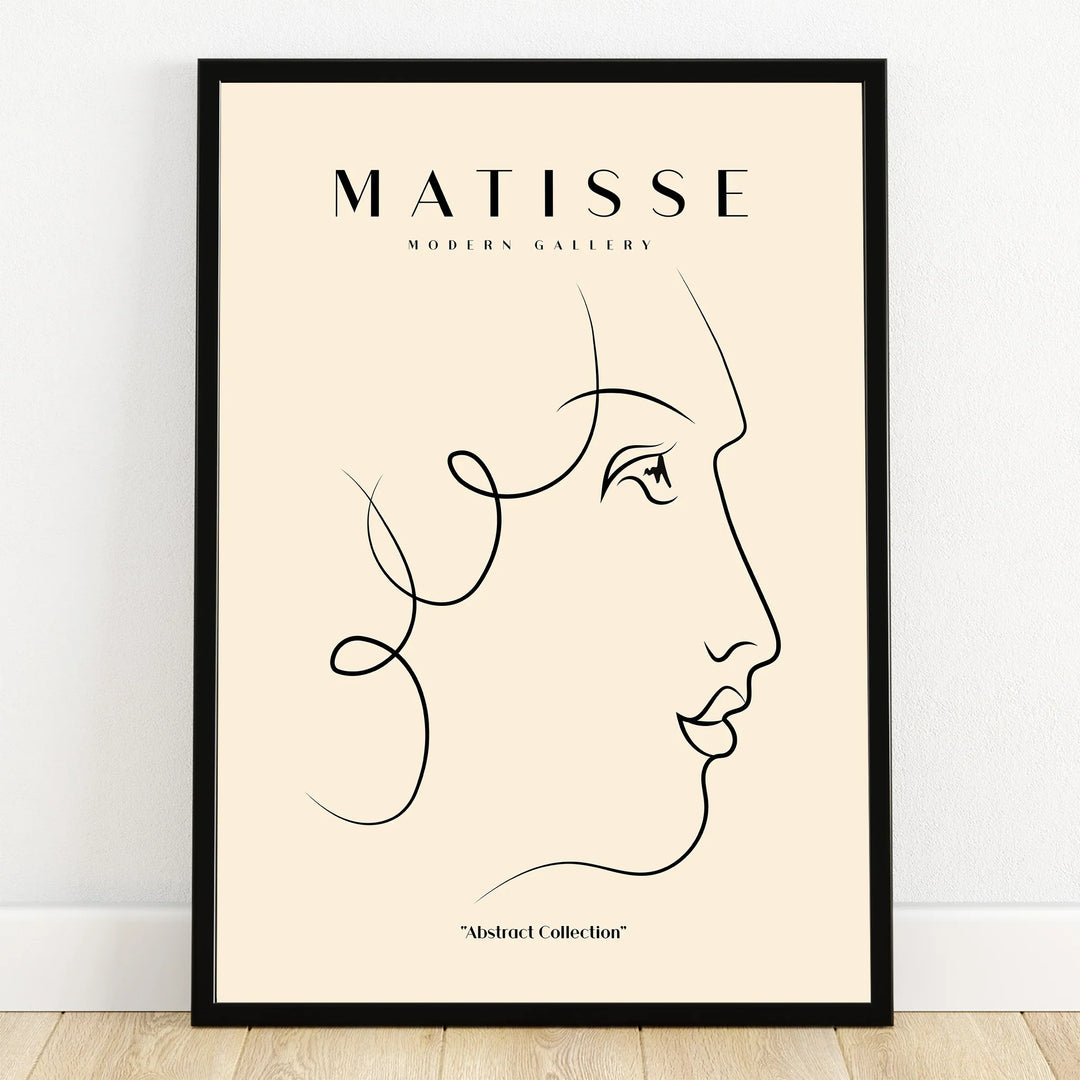 Minimalist line art face print in black frame, modern abstract wall art decor